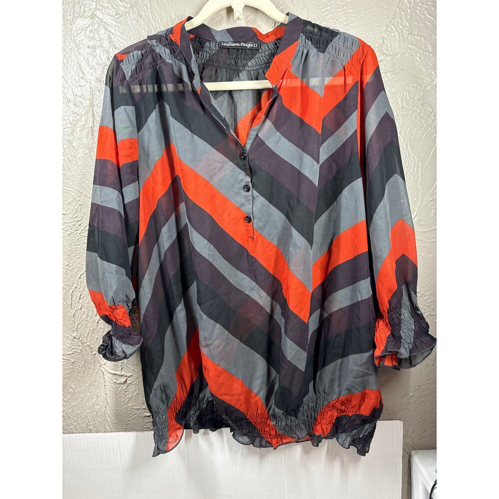 Madison Paige II Blouse Shirt Top Women's Multicolor Sheer Ribbed Plus Size 1X